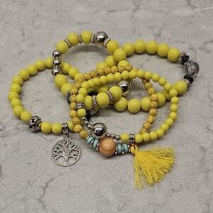 Yellow Beaded Bracelet Set with Silver Accents